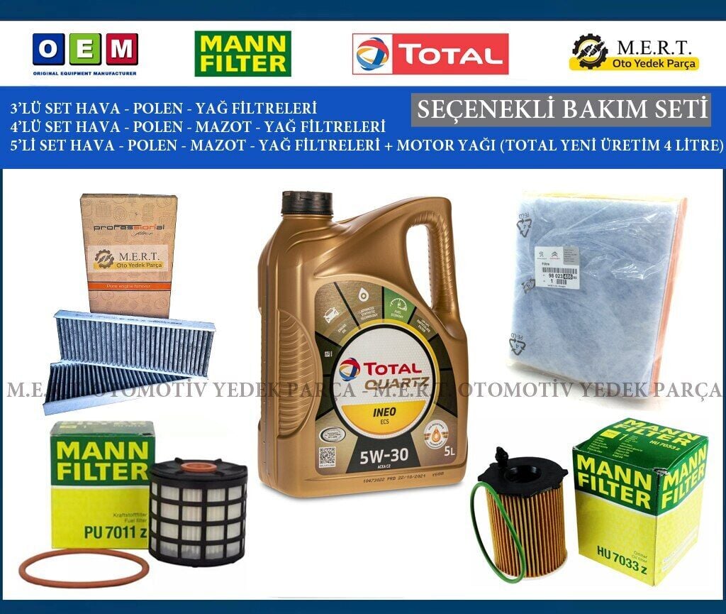 Citroen C-Elysee 1.6 Bluehdi Euro 6 Filtre Bakım Seti + Motor Yağ